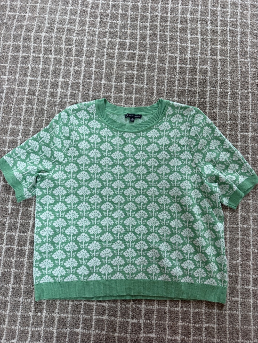 Adrianna Papell Green and White Short-Sleeve Crewneck Sweater